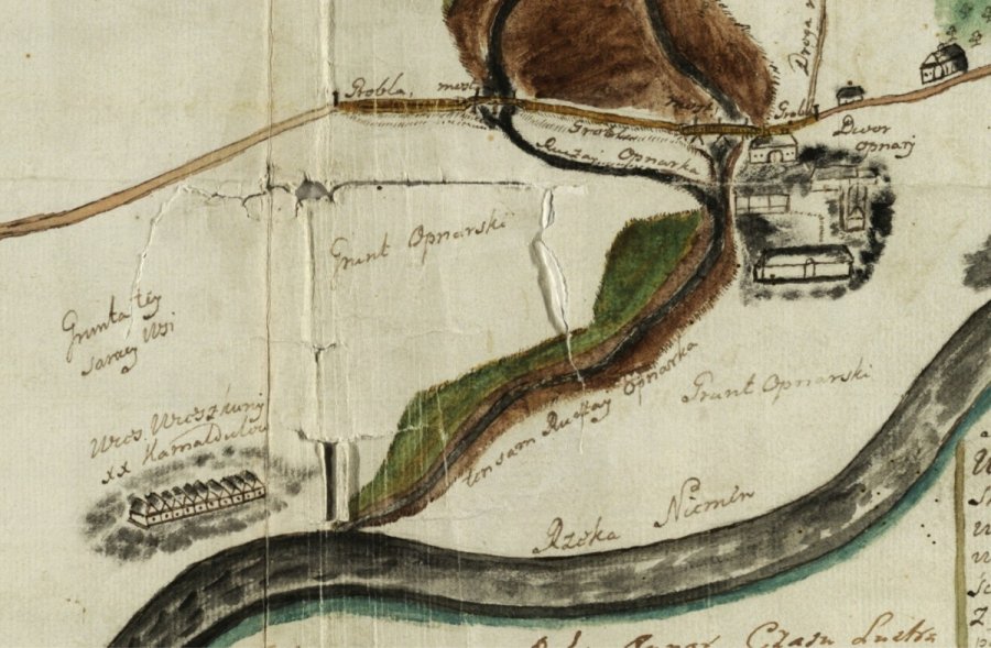 1766 m. kelio nuo Pažaislio į Vilnių plano fragmentas su pavaizduota žemgrinda (grobla). Lietuvos valstybės istorijos archyvas.  VU nuotr.